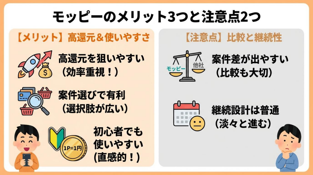 モッピーのメリット3つと注意点2つをまとめた図解