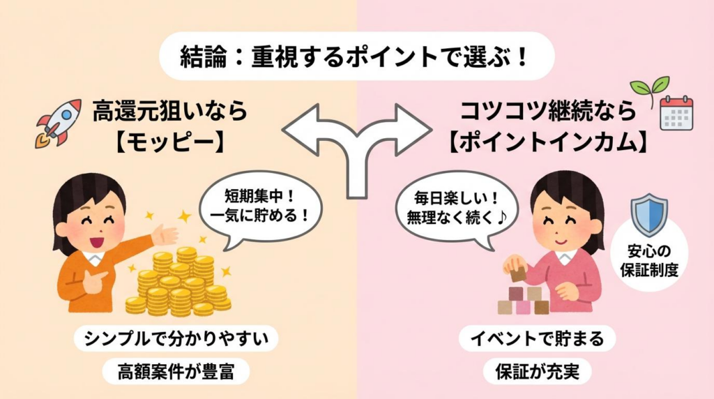 高還元ならモッピー、コツコツ継続ならポイントインカムという結論をまとめた図解