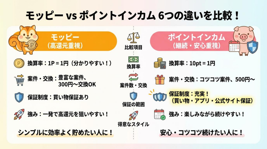 モッピーとポイントインカムの6つの違いを比較した図解