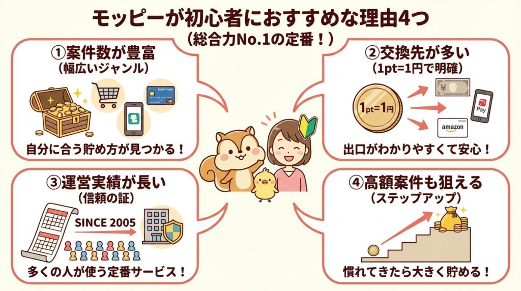 モッピーがポイ活初心者におすすめな理由4つをまとめた図解