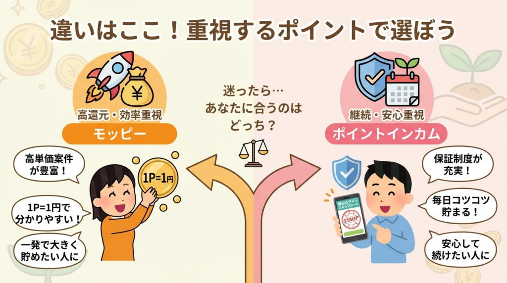 モッピーとポイントインカムの違いをもとに、重視するポイント別の選び方をまとめた図解