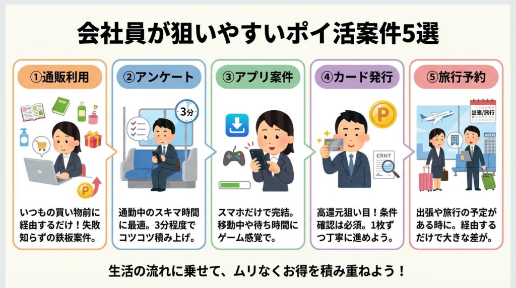 会社員が狙いやすいポイ活案件5選として、通販利用、アンケート、アプリ案件、カード発行、旅行予約を紹介した図解