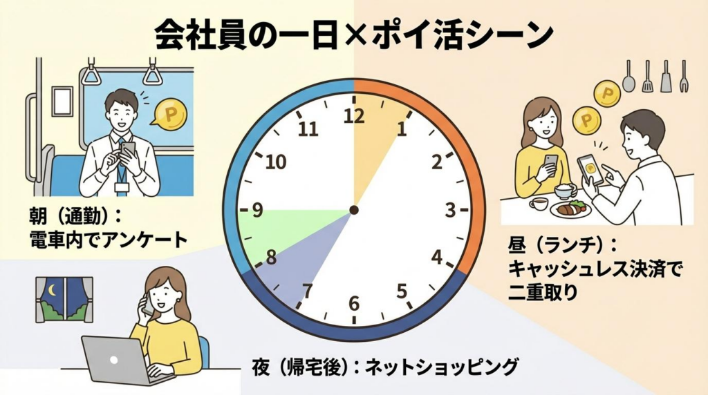 会社員の一日の中で、通勤中、昼休み、帰宅後にポイ活を取り入れる流れを示した図解