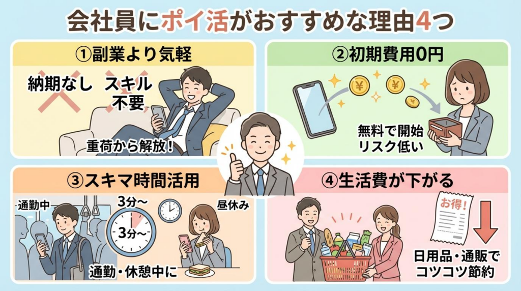 会社員にポイ活がおすすめな理由4つを、副業より気軽、初期費用0円、スキマ時間活用、生活費ダウンの観点でまとめた図解