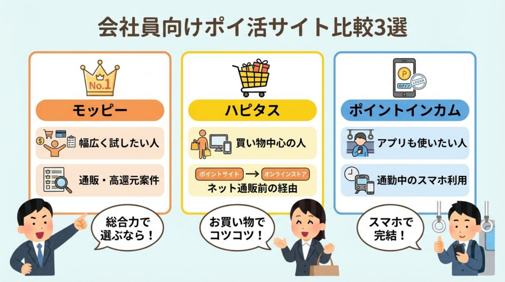 会社員向けポイ活サイト比較3選として、モッピー、ハピタス、ポイントインカムの特徴をまとめた図解