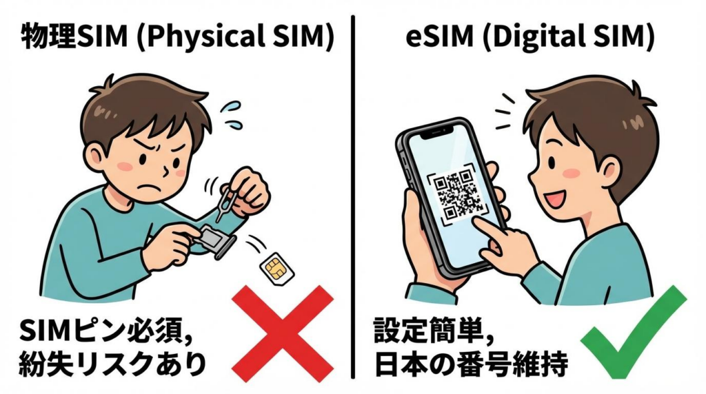 物理SIMとeSIMの違いを比較した図解。物理SIMは差し替えが必要で、eSIMはQRコード設定で日本の番号を維持しやすいことを説明する内容