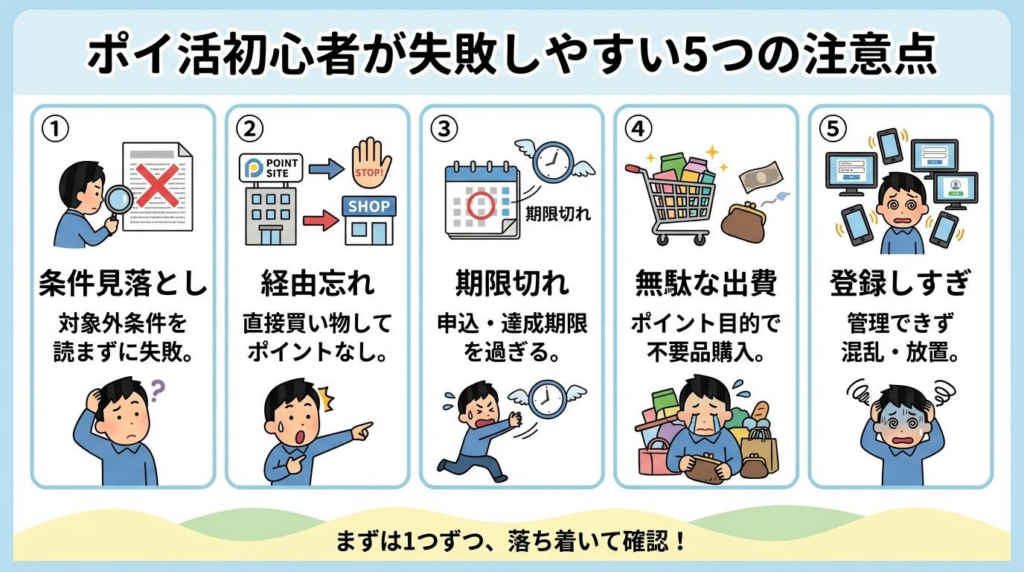 ポイ活初心者が失敗しやすい5つの注意点をまとめた図解