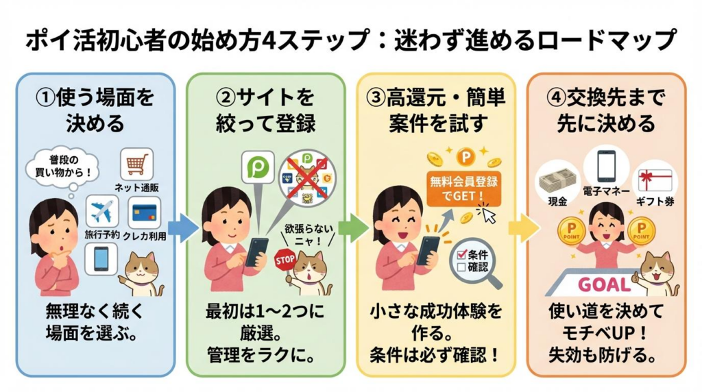 ポイ活初心者の始め方を4ステップでまとめた図解