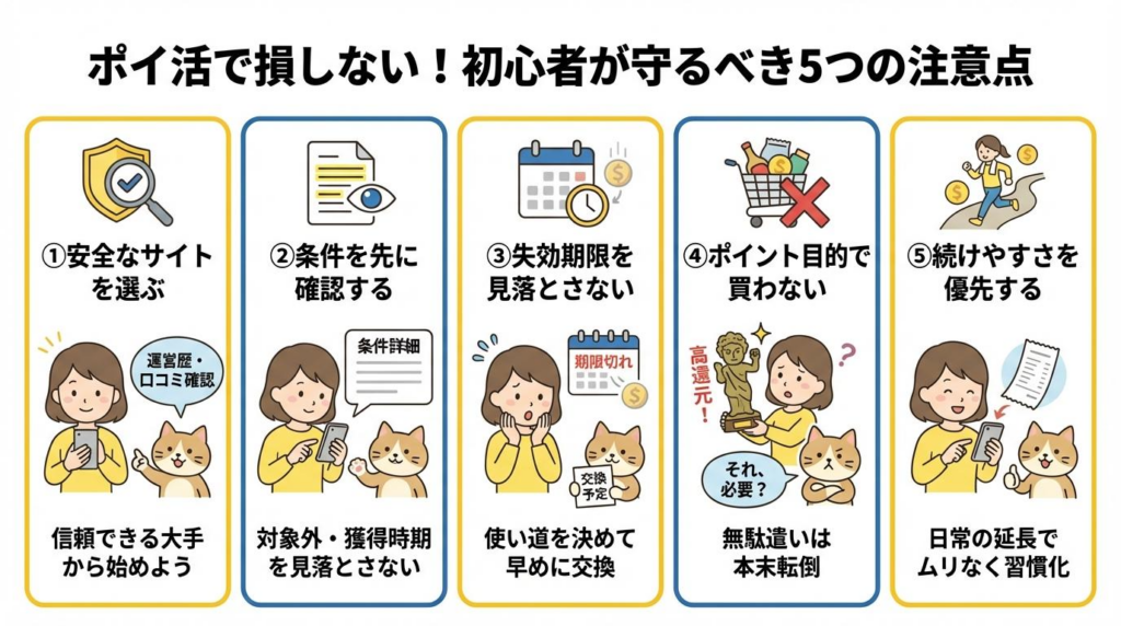 ポイ活で損しないために初心者が守りたい5つの注意点をまとめた図解