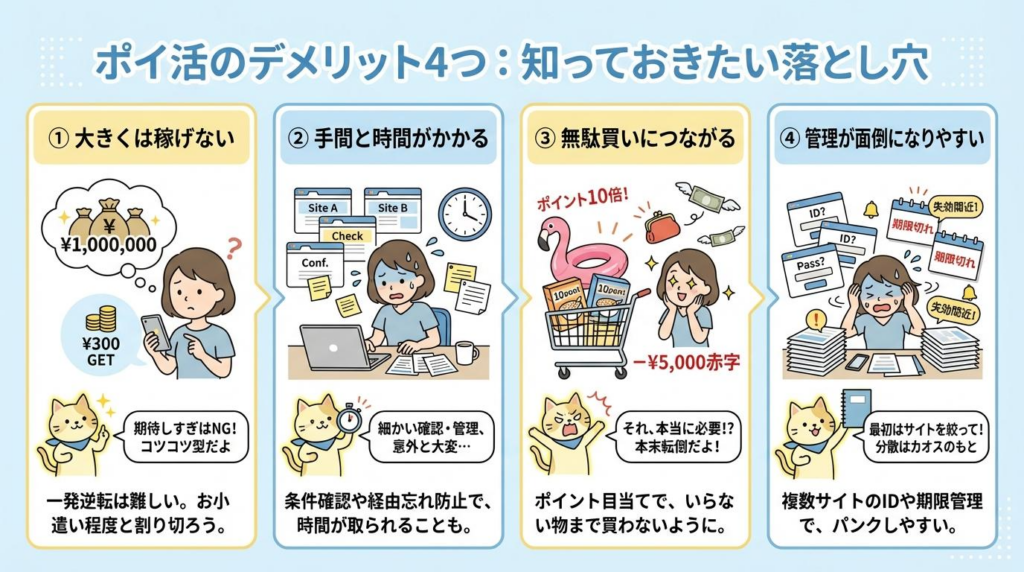 ポイ活のデメリット4つを初心者向けにわかりやすく整理した図解