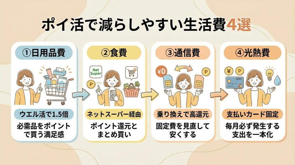 ポイ活で減らしやすい生活費4選をまとめた図解