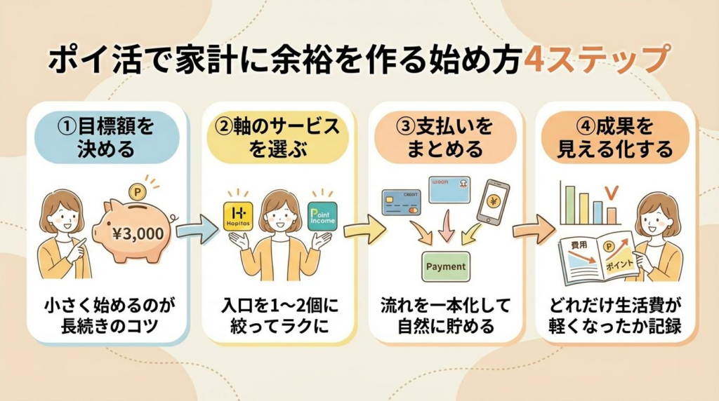 ポイ活で家計に余裕を作る始め方4ステップをシンプルに整理した図解