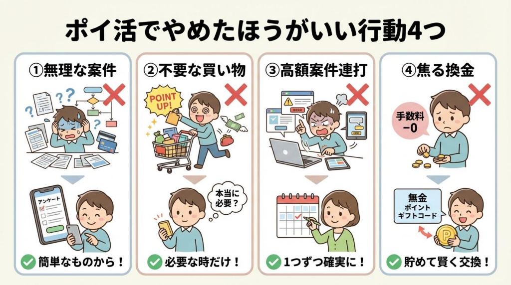 ポイ活でやめたほうがいい4つの行動をまとめた図解