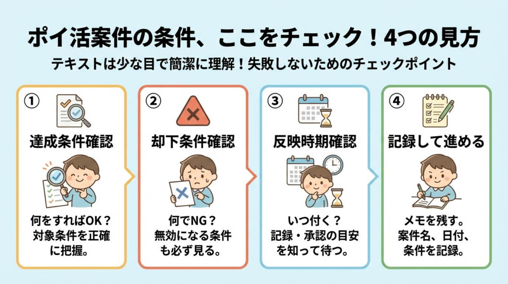 ポイ活案件の条件で確認したい4つの見方をまとめた図解