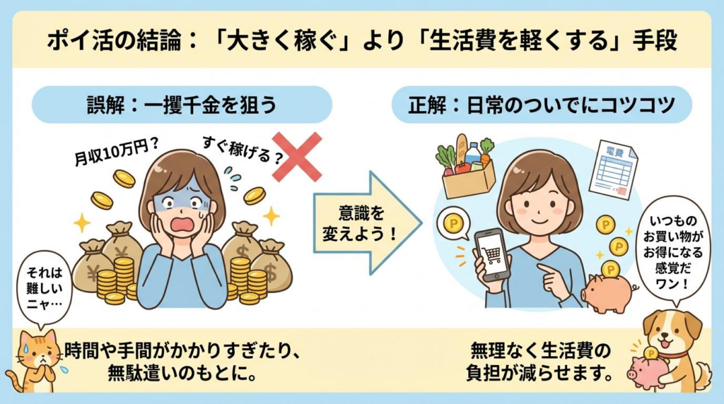 ポイ活は大きく稼ぐより生活費を軽くする手段だと示した図解