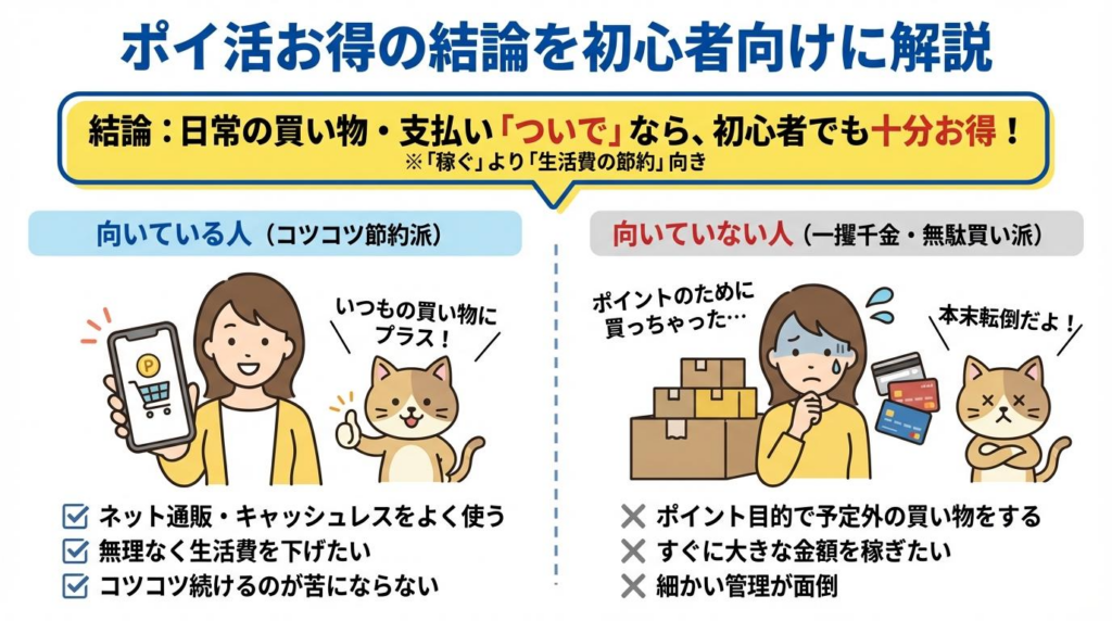 ポイ活でお得になりやすい人と向いていない人の違いをまとめた図解
