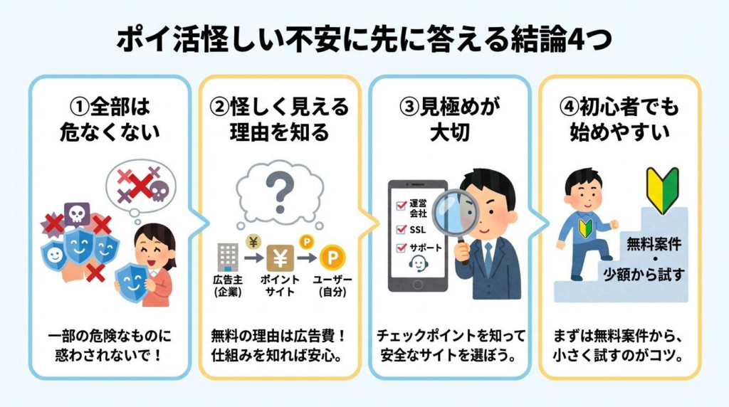 ポイ活は怪しいのか不安な人へ向けた4つの結論をまとめた図解