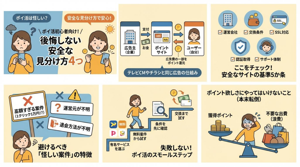 ポイ活の安全な見分け方や注意点をまとめた図解一覧