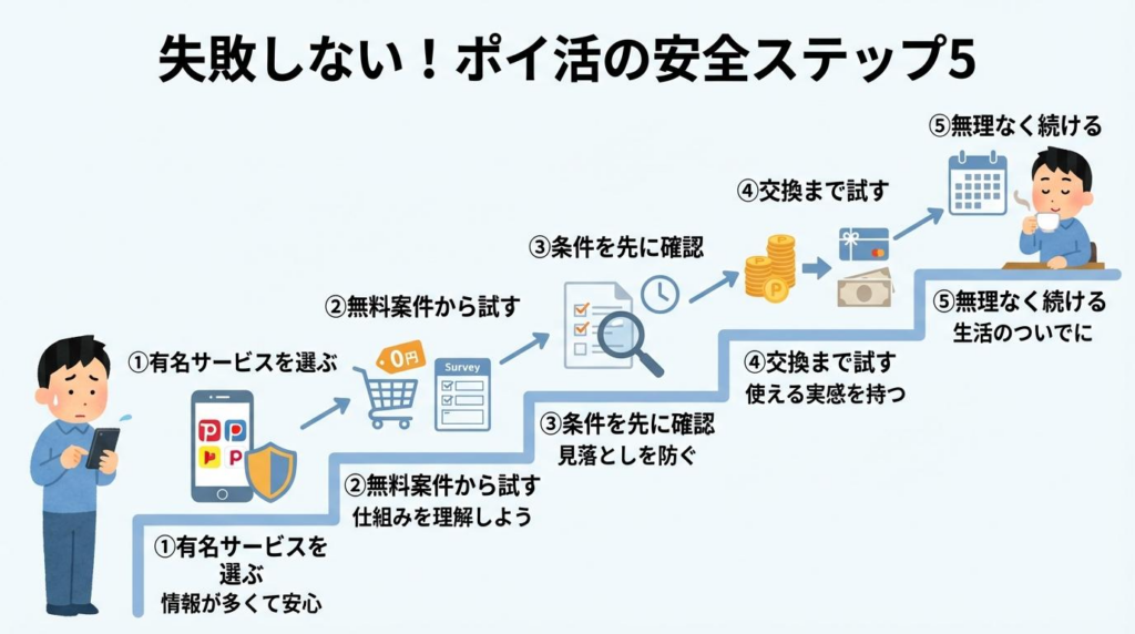 ポイ活初心者が安心して始めるための5つの安全ステップを階段で示した図解