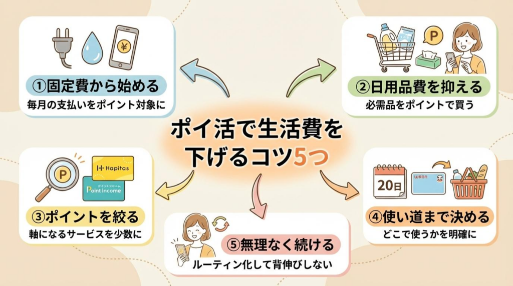 ポイ活で生活費を下げる5つのコツをまとめた図解