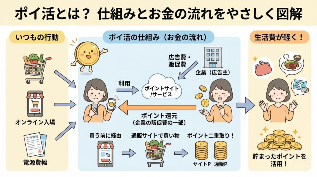ポイ活の仕組みとお金の流れをやさしく解説した図解