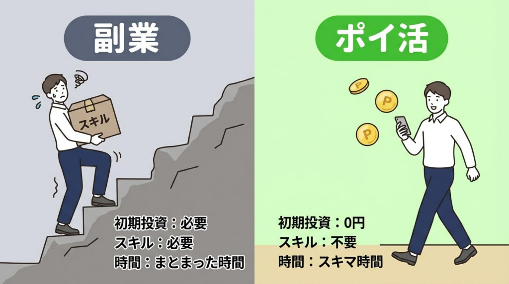 副業とポイ活を比較し、初期投資、必要スキル、使う時間の違いを示した図解