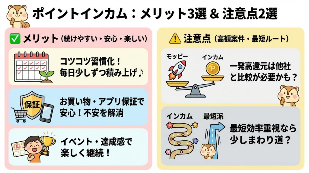 ポイントインカムのメリット3つと注意点2つをまとめた図解