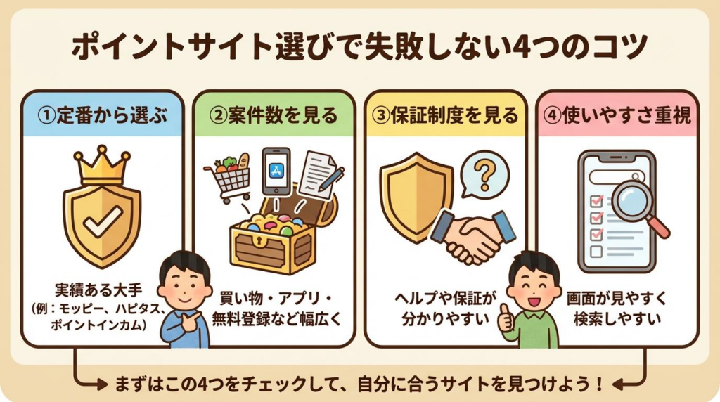 ポイントサイト選びで失敗しない4つのコツをまとめた図解