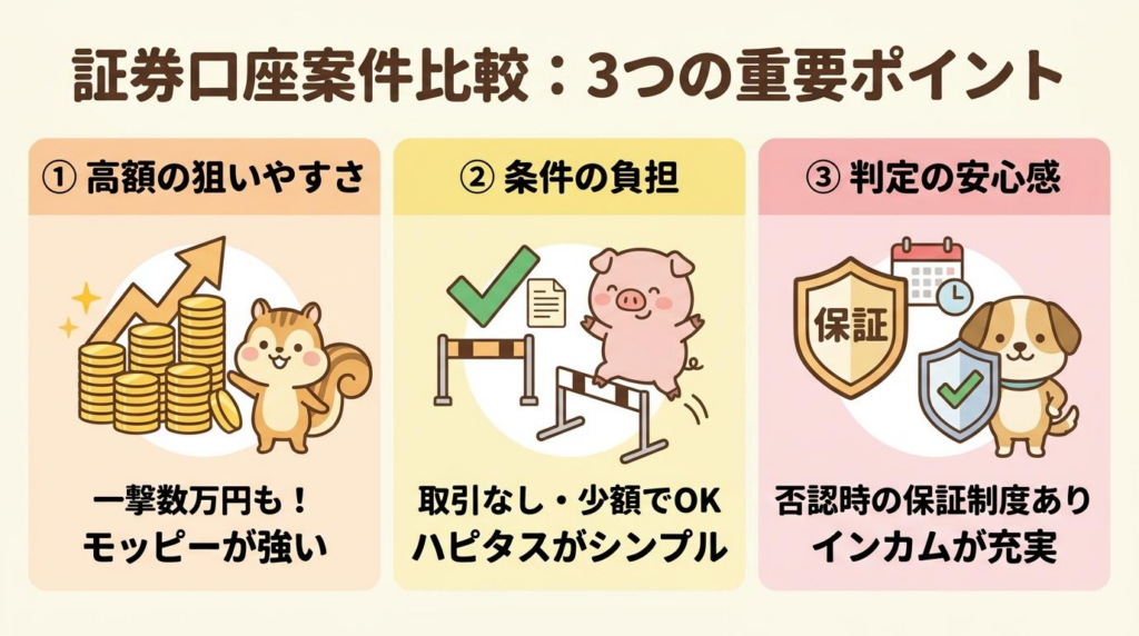 証券口座案件を比較するときの重要ポイント3つをまとめた図解