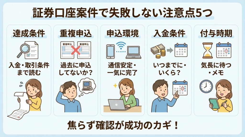 証券口座ポイ活で失敗しないための5つの注意点をチェックリスト形式で示した図解