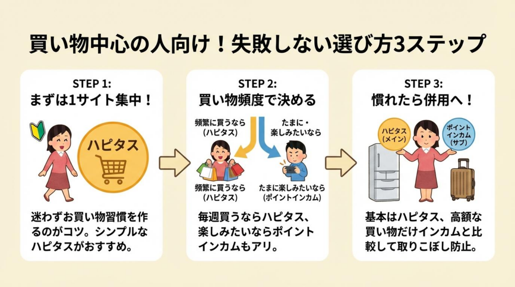 買い物中心の人向けに、失敗しない選び方を3ステップで整理した図解