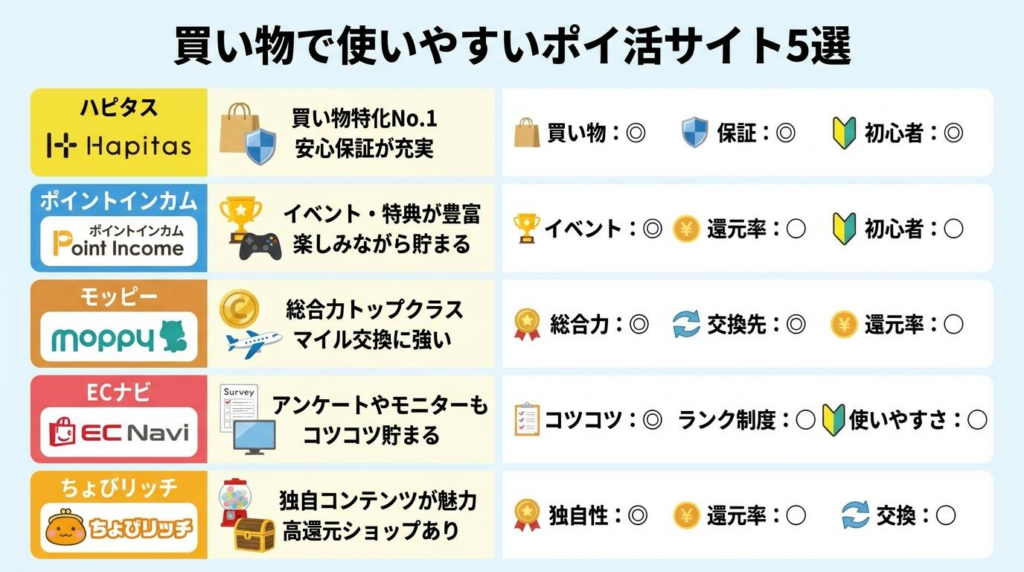 買い物で使いやすいポイ活サイト5選の特徴を比較した図解