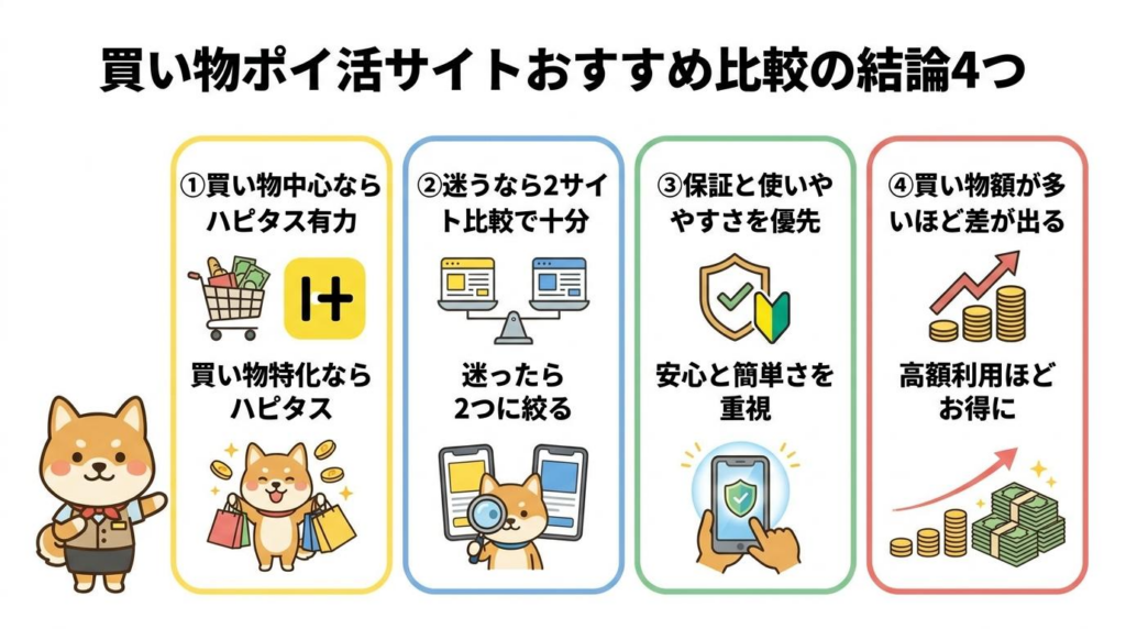 買い物ポイ活サイトおすすめ比較の結論4つをまとめた図解