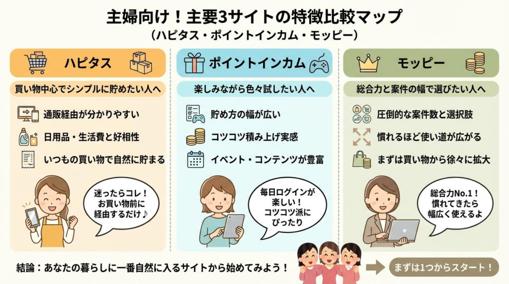 主婦向け主要3サイトの特徴比較マップ。ハピタス、ポイントインカム、モッピーの向いている使い方を整理した図。