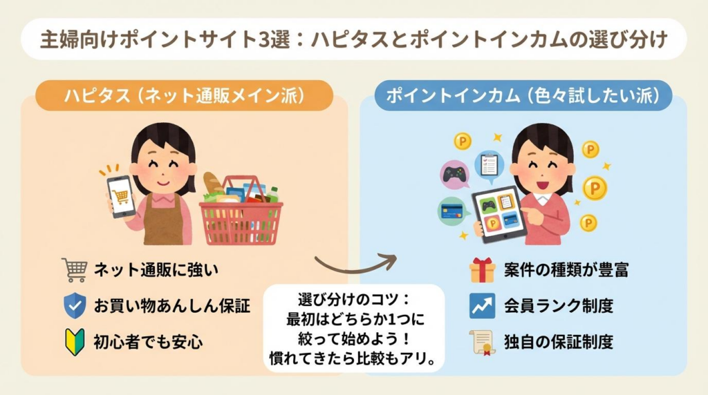 ハピタスとポイントインカムの違いと選び分け方をまとめた図解