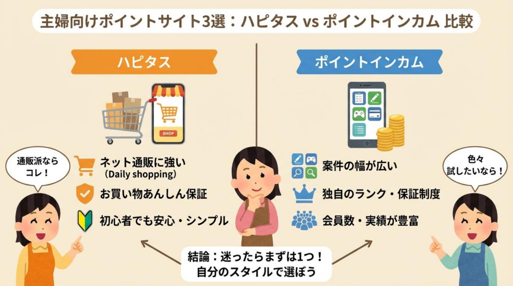 主婦向けポイントサイトとしてハピタスとポイントインカムを比較した図解
