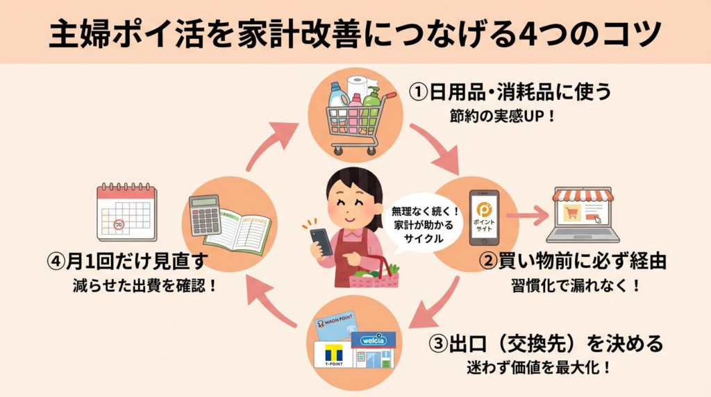 主婦ポイ活を家計改善につなげる4つのコツをまとめた図解