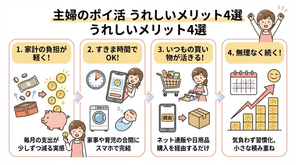 主婦のポイ活のメリット4選を図解した画像。家計の負担軽減、すきま時間活用、買い物活用、無理なく継続。