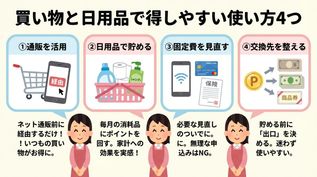 買い物と日用品で得しやすいポイ活の使い方4つをまとめた図解。通販活用、日用品、固定費見直し、交換先の整理。