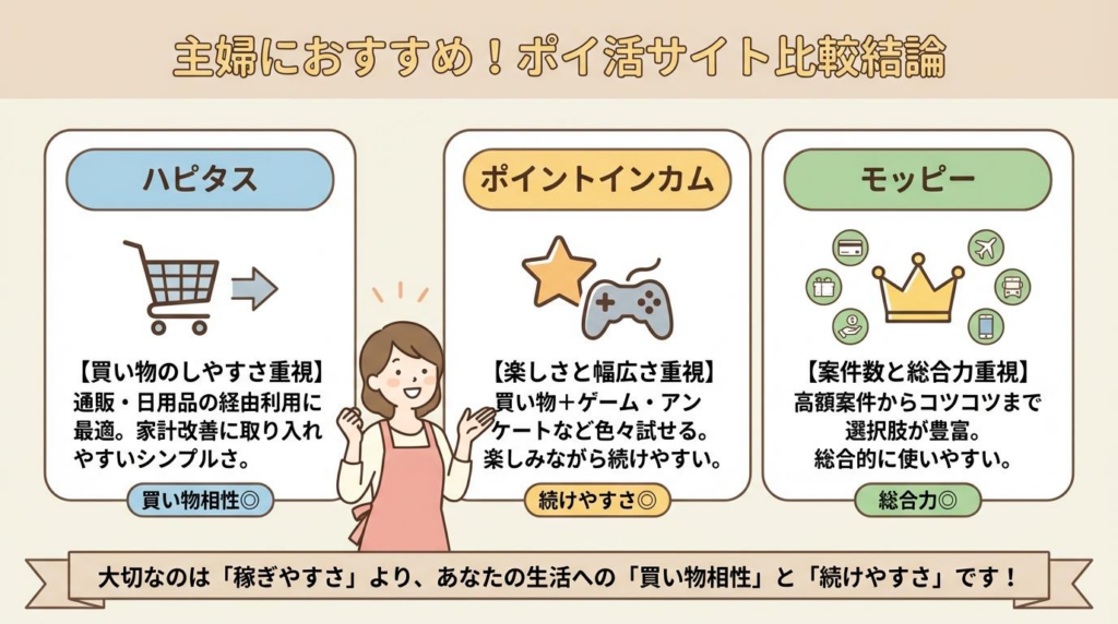 主婦におすすめのポイ活サイト比較結論の図解。ハピタス、ポイントインカム、モッピーの特徴を比較。