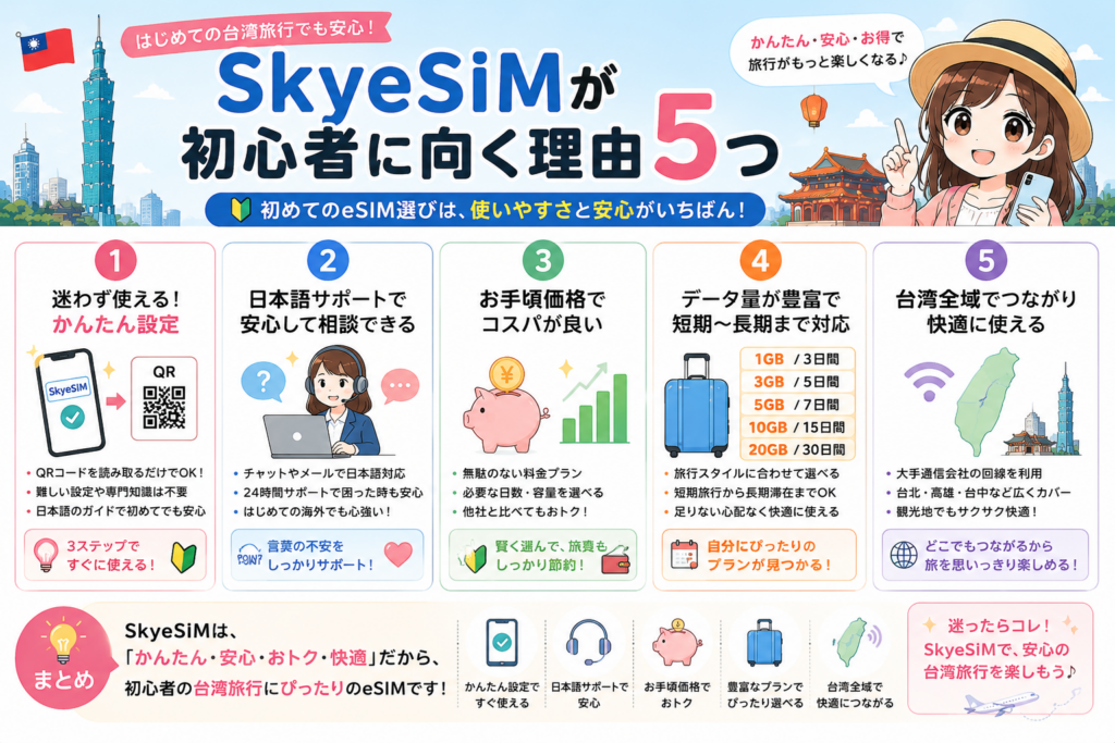 SkyeSiMが台湾eSIM初心者に向く理由5つをまとめた図解