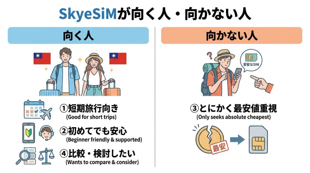 SkyeSiMが向く人と向かない人を比較した図解。短期旅行向き、初めてでも安心、比較して選びたい人に向く一方、とにかく最安値重視の人には向かないことを示している