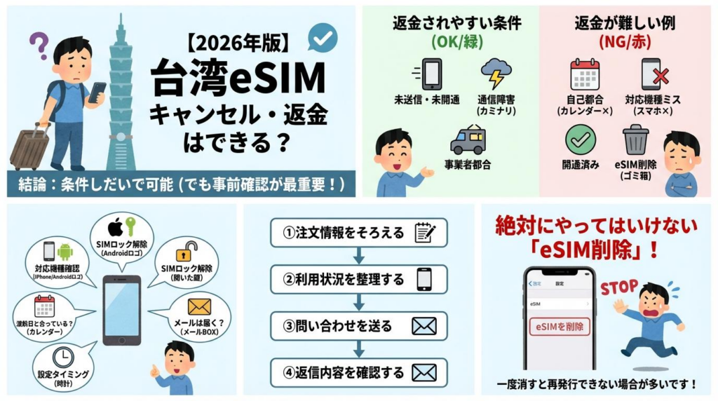 台湾eSIMのキャンセル返金の可否、確認ポイント、問い合わせ手順、注意点を整理した図解
