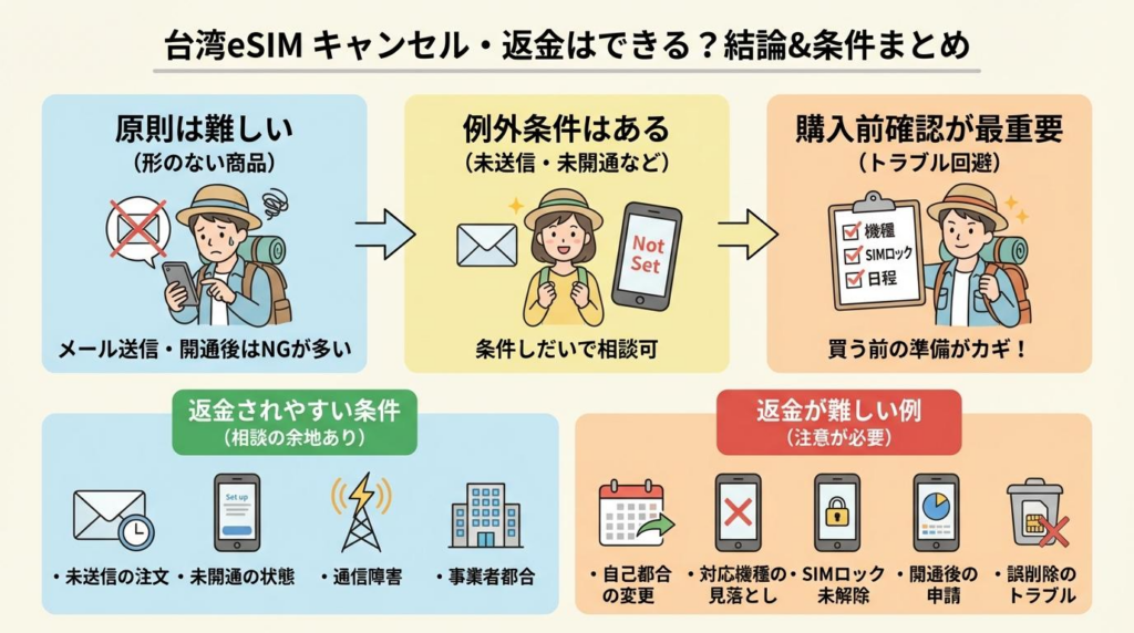 台湾eSIMのキャンセル返金について、原則・例外条件・購入前確認をまとめた図解