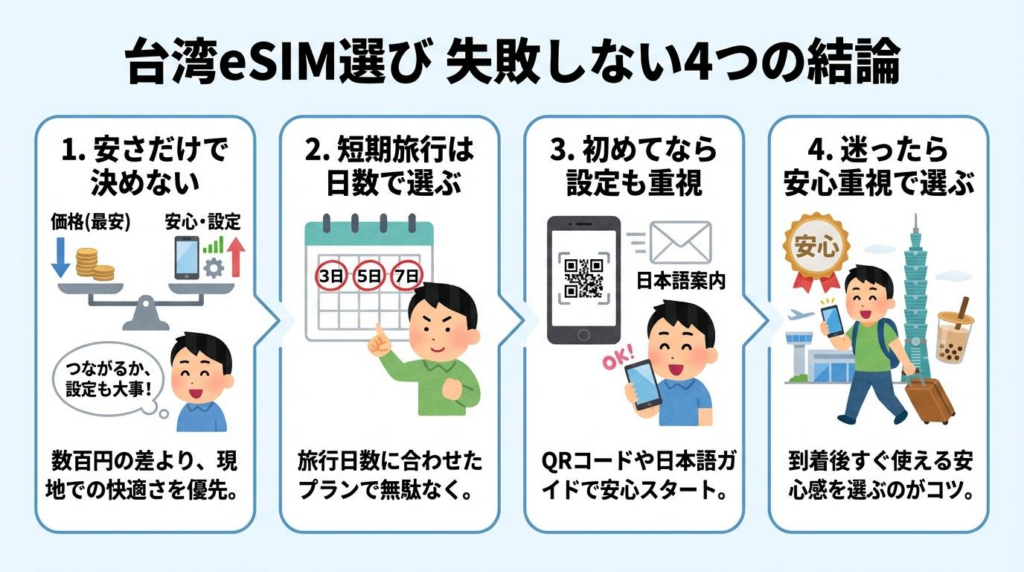 台湾eSIM選びで失敗しない4つの結論をまとめた図解