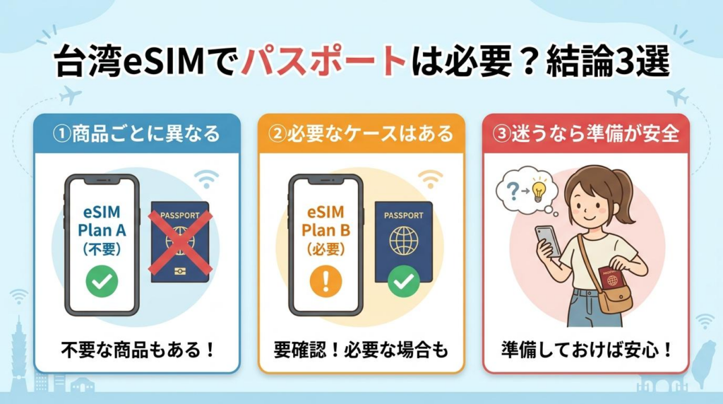 台湾eSIMでパスポートが必要かどうかの結論3つをまとめた図解画像。商品ごとの差、必要なケース、迷うなら準備が安心というポイントを整理した図