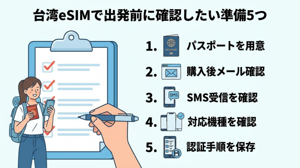 台湾eSIMで出発前に確認したい準備5つをまとめた図解画像。パスポート、購入後メール、SMS受信、対応機種、認証手順の保存を確認するチェックリスト
