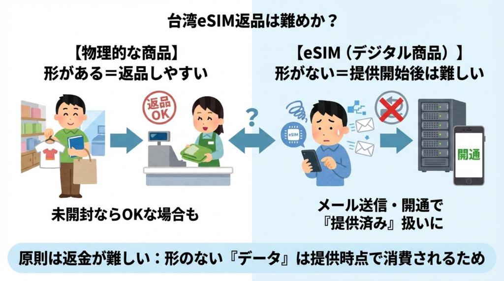 台湾eSIMの返品や返金が難しい理由を、物理的な商品とeSIMの違いで比較した図解