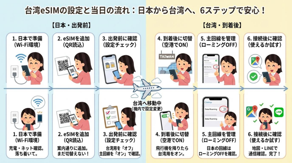 台湾eSIMの設定と当日の流れを6ステップでまとめた図解