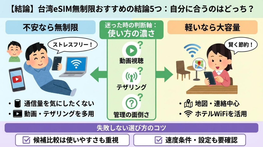 台湾eSIM無制限と大容量のどちらが合うかを、不安なら無制限、軽いなら大容量で整理した図解